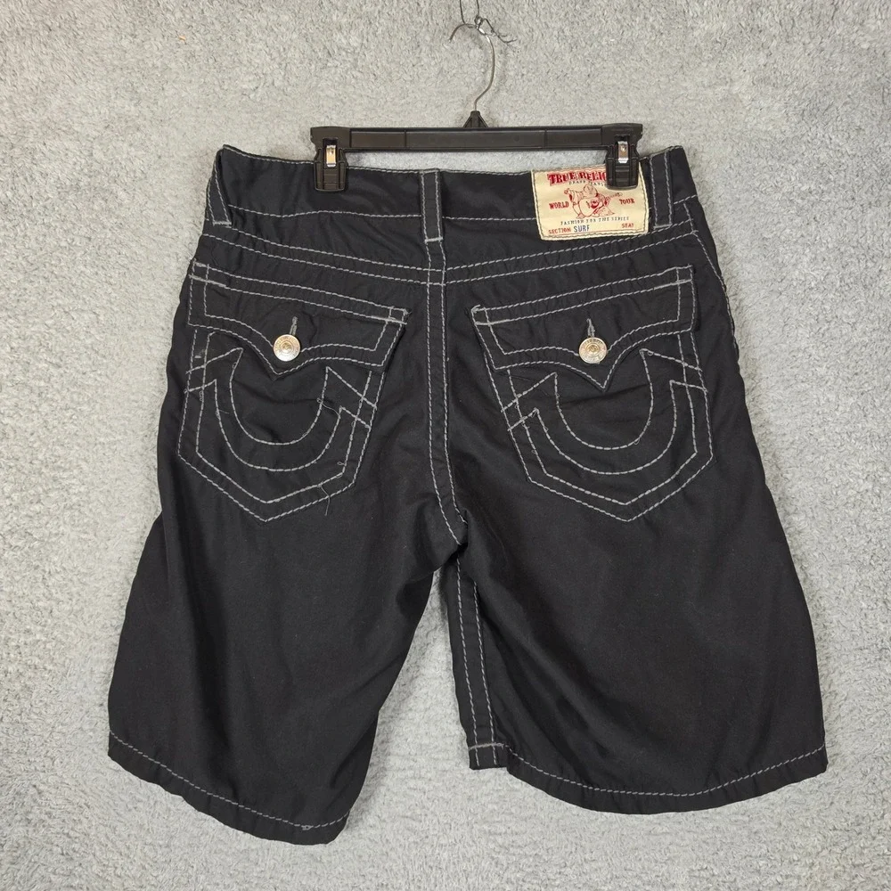 True Religion Board Shorts Mens 34 Black Excellent Contrast Stitch Surf Swimwear